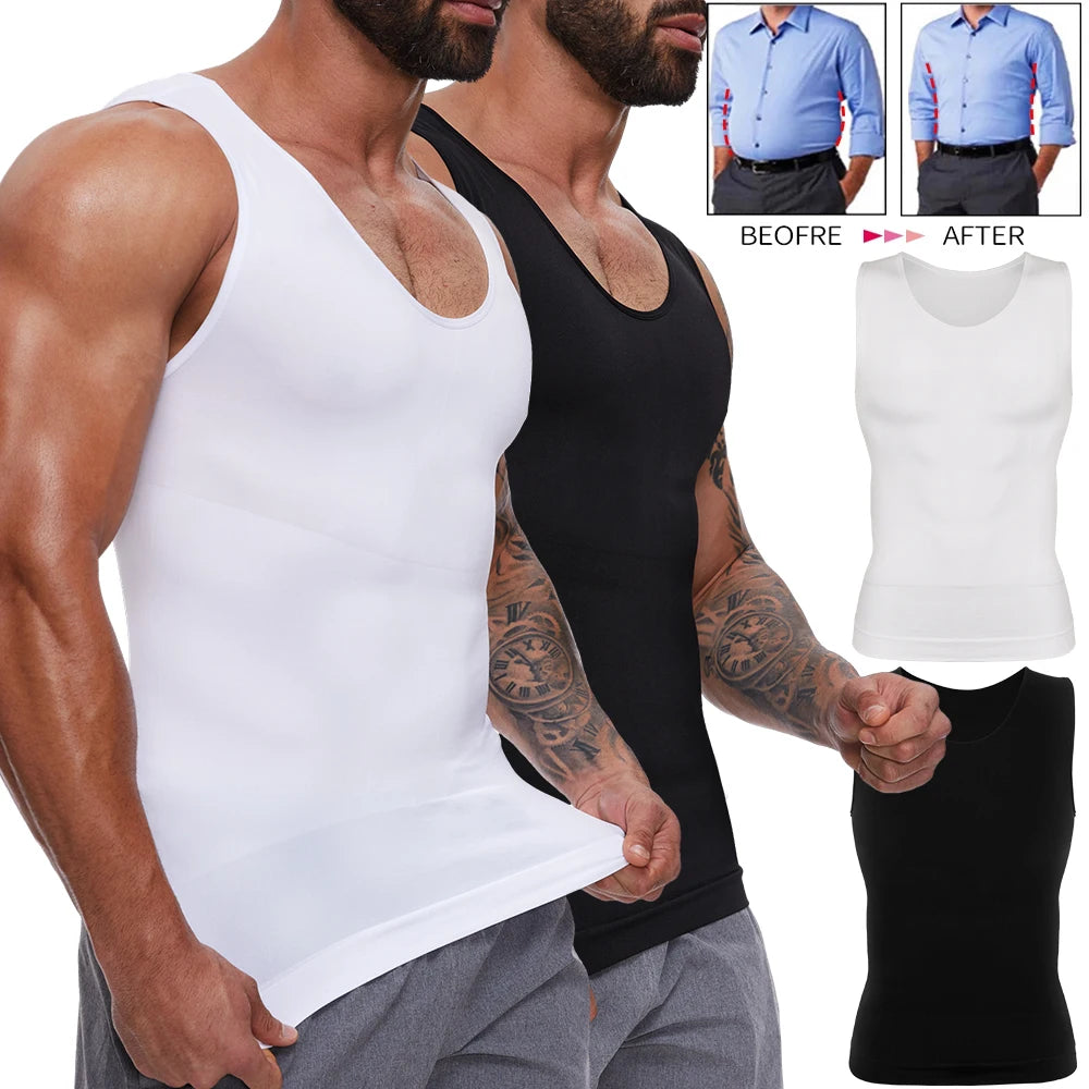Sleeveless tummy control vest in white and black, U-neck tank, side-by-side