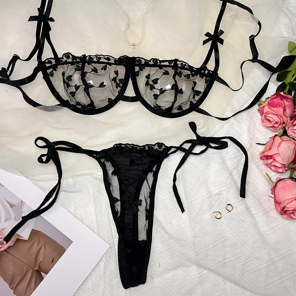 Black floral mesh bra and thong set with bow details and lace trim