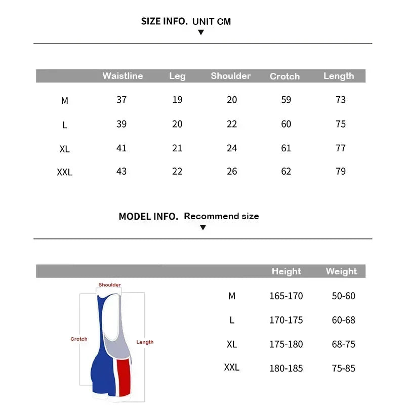 Size chart table for compression bodysuit singlet (waistline, leg, shoulder, crotch, length)
