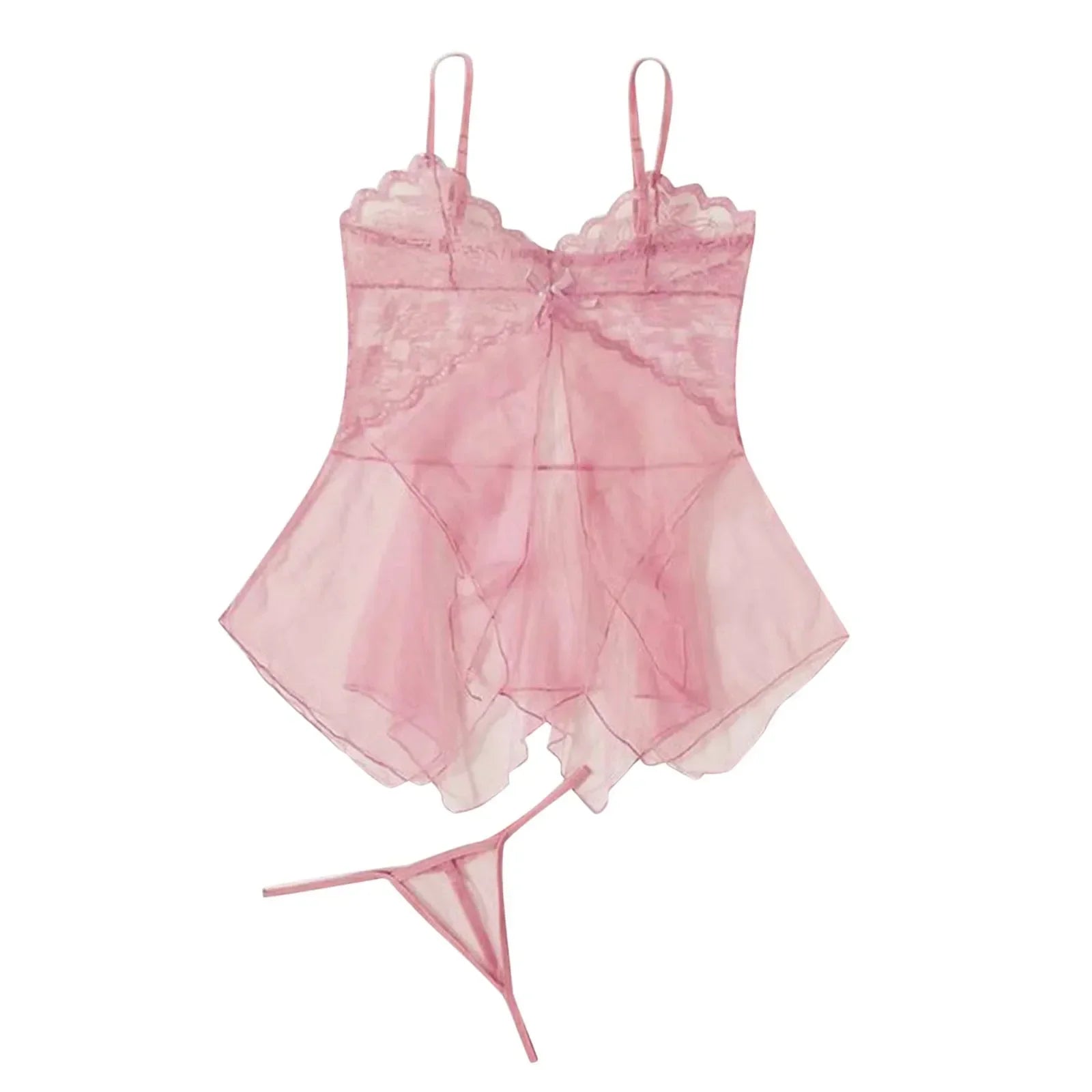Light pink sheer lace babydoll set with bow-front bodice, draped tulle skirt, and thong