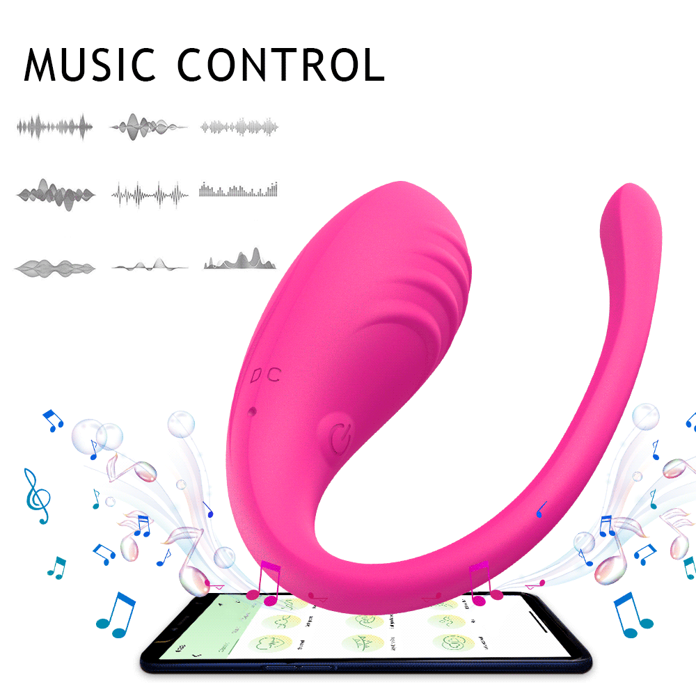 Pink curved G-spot vibrator beside tablet-style music control graphics