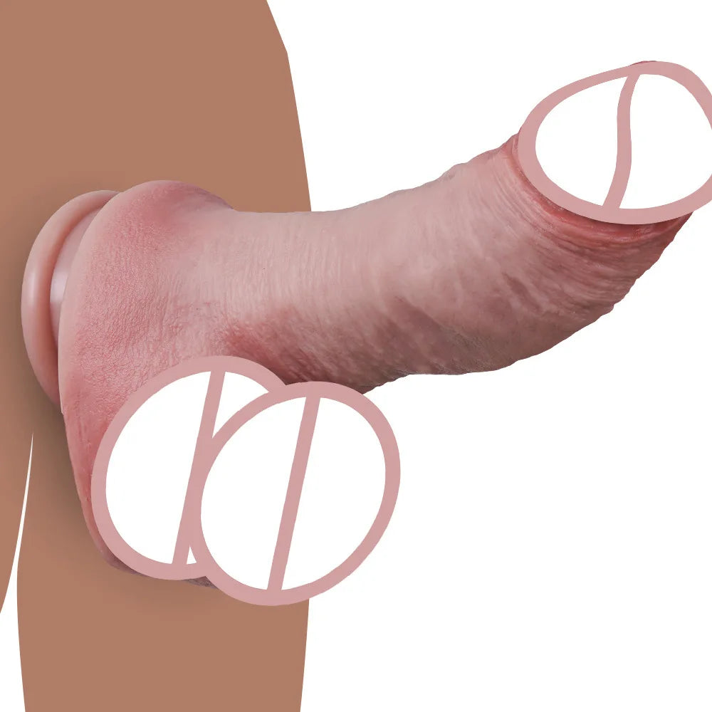 Realistic silicone dildo with suction cup base, light pink, curved side angle