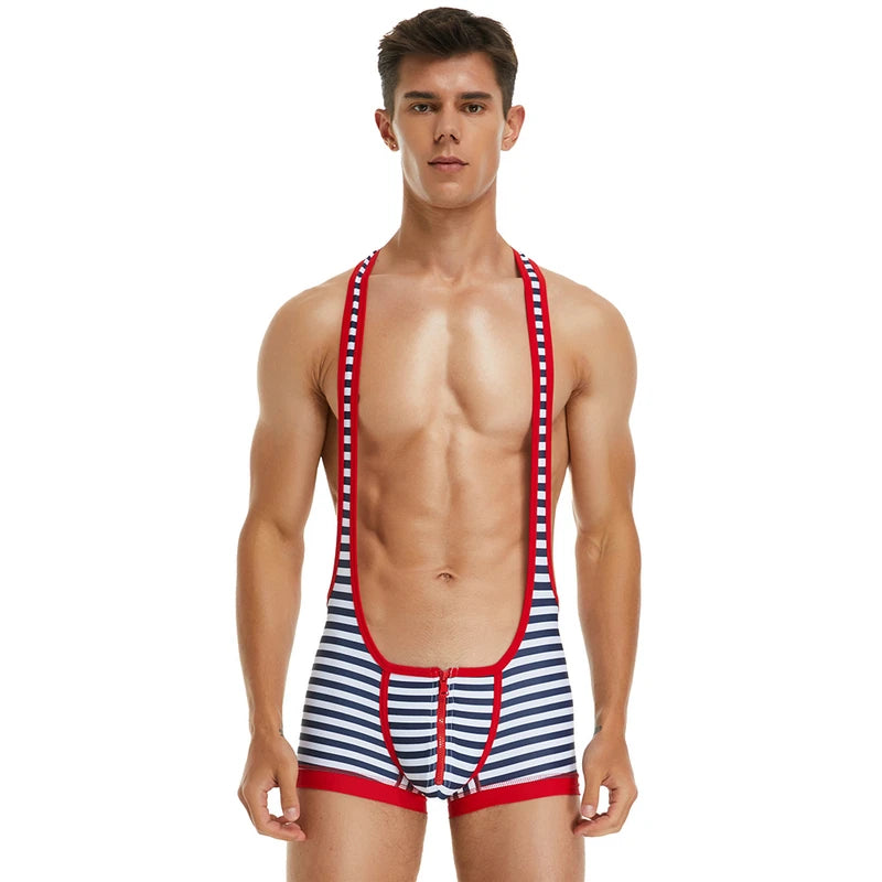 Men's striped camisole jumpsuit with red trim and front zipper, front view