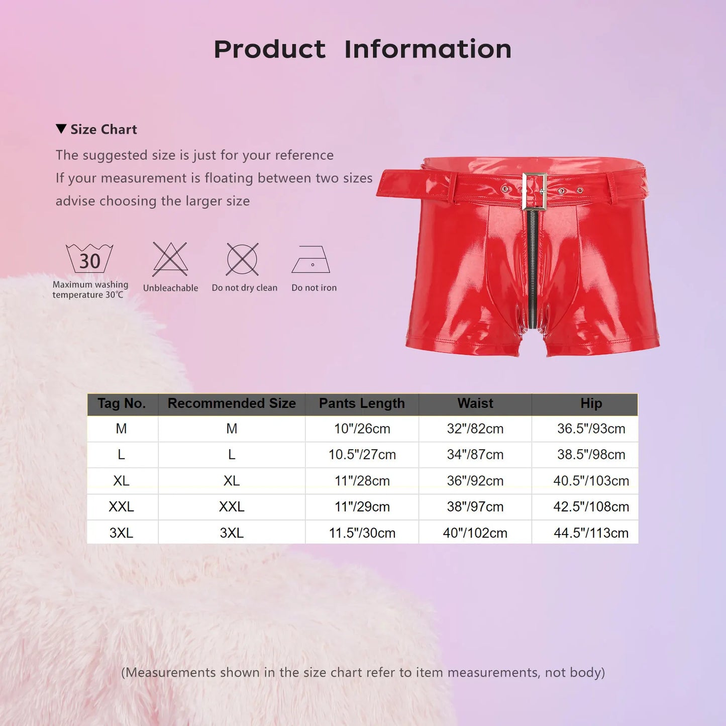 Red wet-look PVC boxer briefs with front zipper and matching belt strap