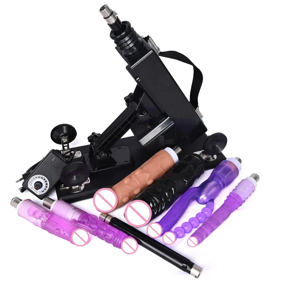 Black automatic thrusting sex machine with purple and pink rod attachments on base