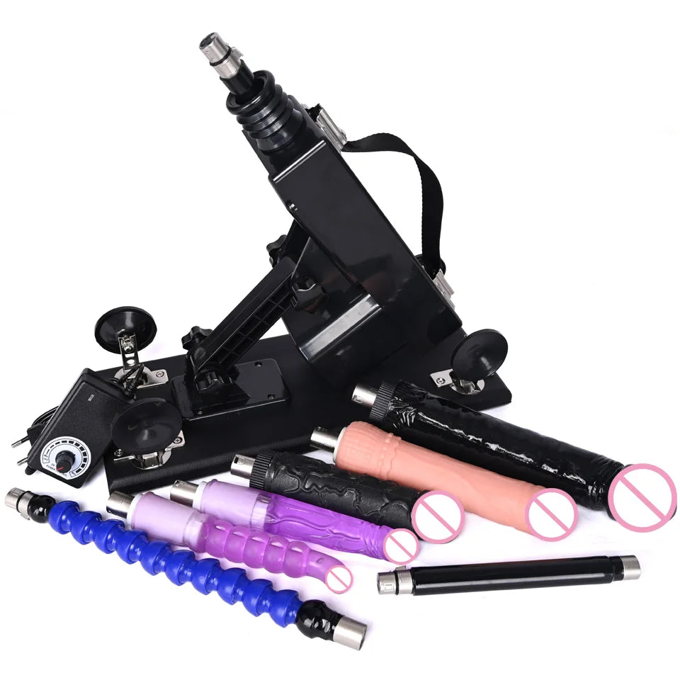 Automatic thrusting sex machine with peach, purple, and black accessory rods and black mounting frame
