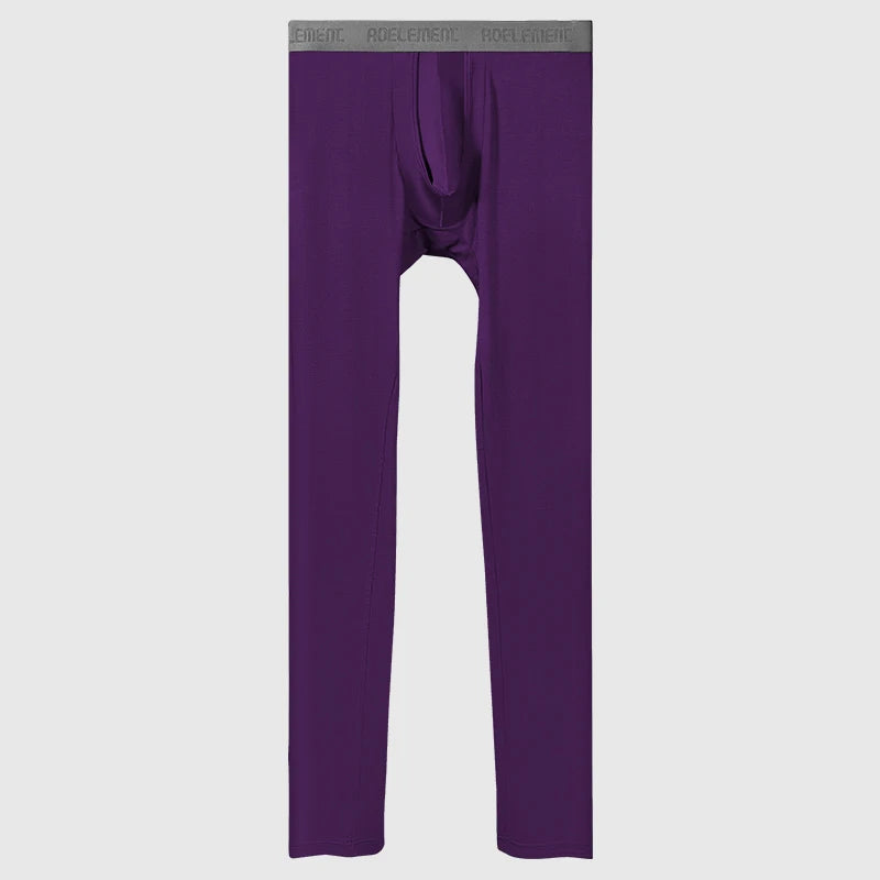 Purple thermal base layer pants, front flat lay with elastic waistband
