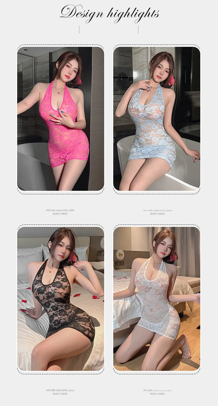 Color highlights: pink, light blue, black, white lace halter bodycon dress