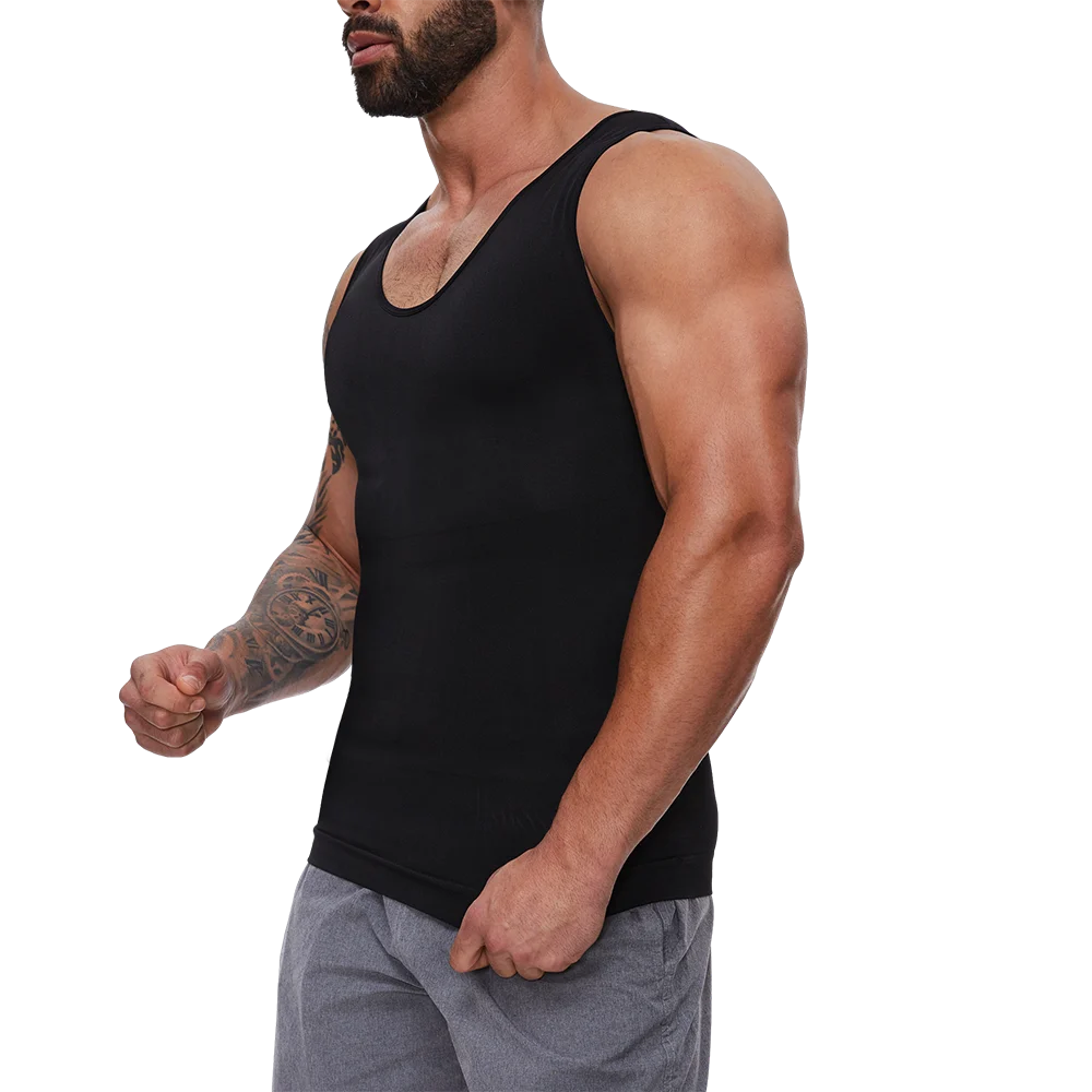 Black sleeveless shaping vest with scoop neck, side view