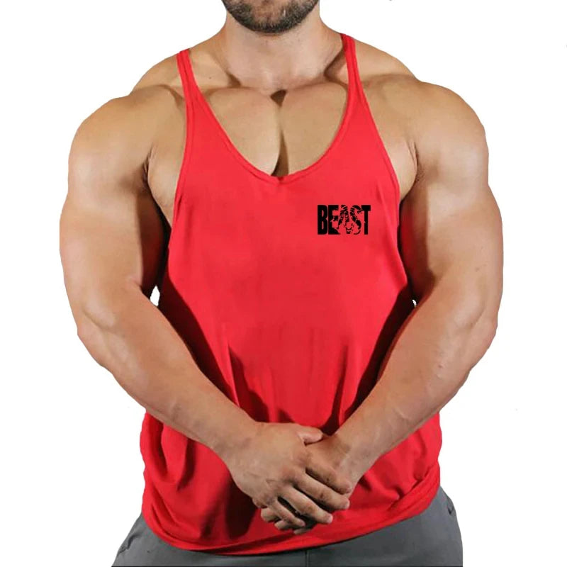 Men’s gym stringer singlet vest in red with “BEAST” chest graphic