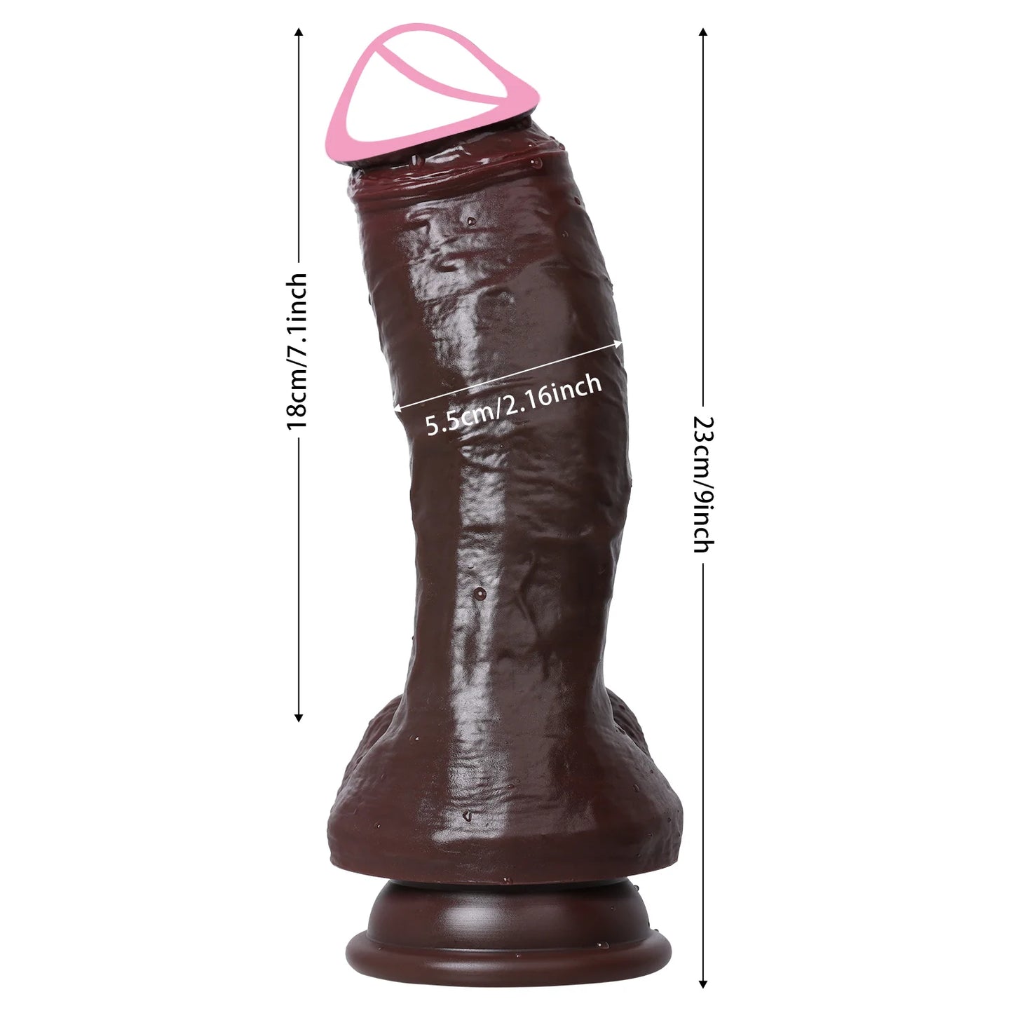 Realistic large dildo in dark brown, textured surface and wide base