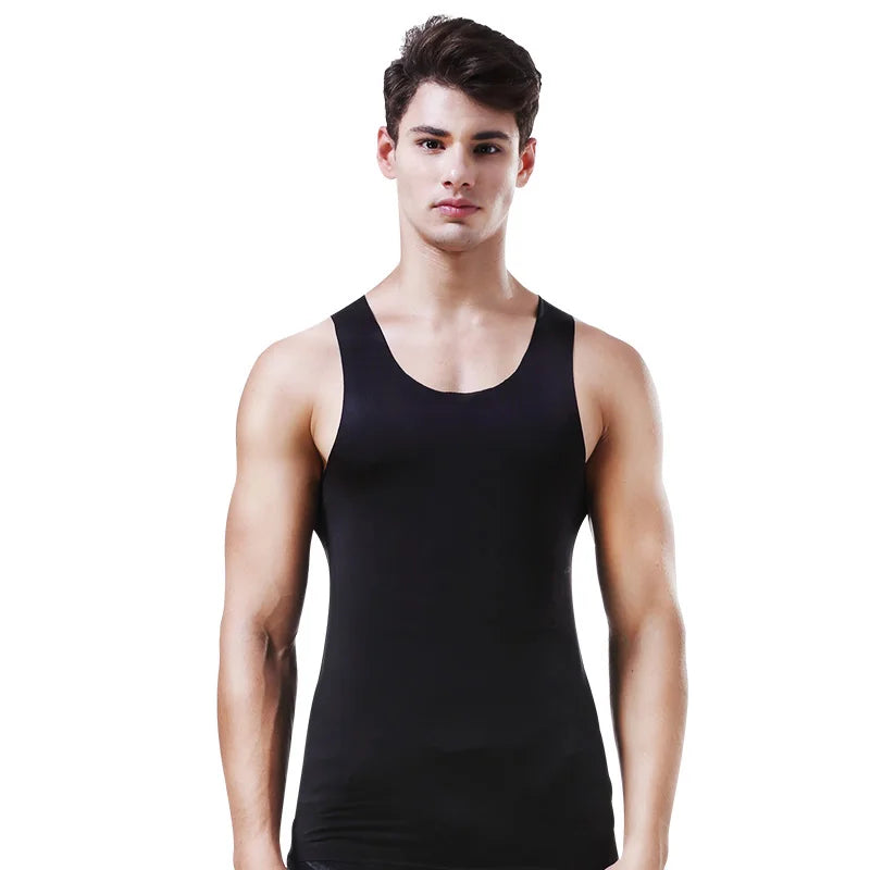 Black men's seamless fitness vest, sleeveless crew neck