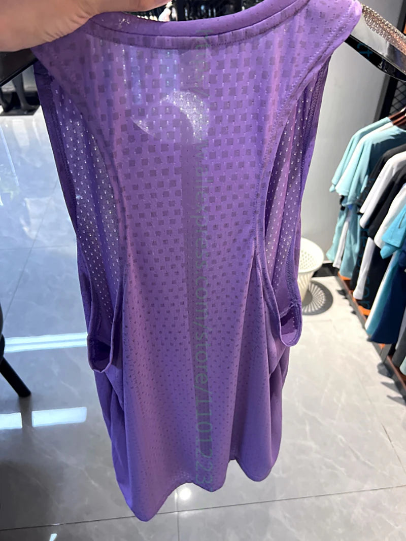 Purple breathable mesh gym vest tank back view with textured square pattern
