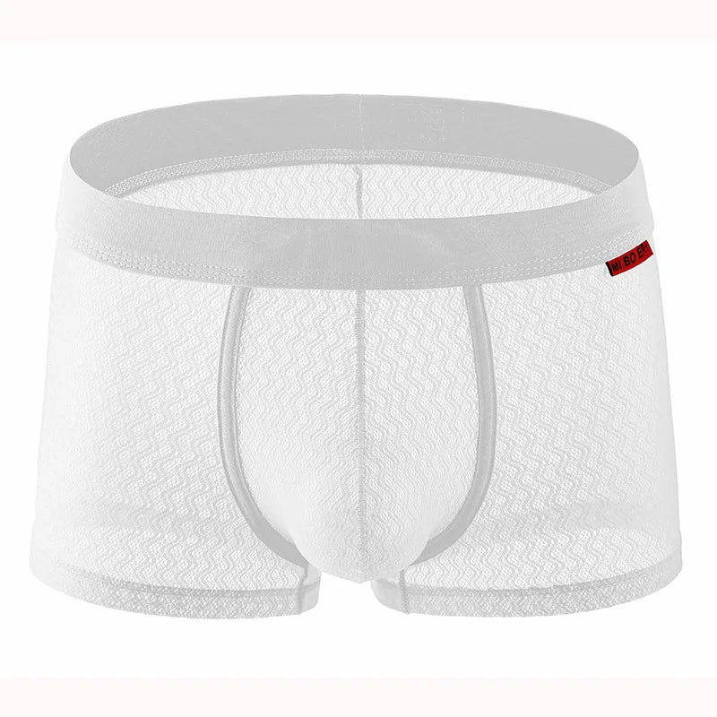 White seamless boxer brief, front view with wave texture and wide elastic waistband.