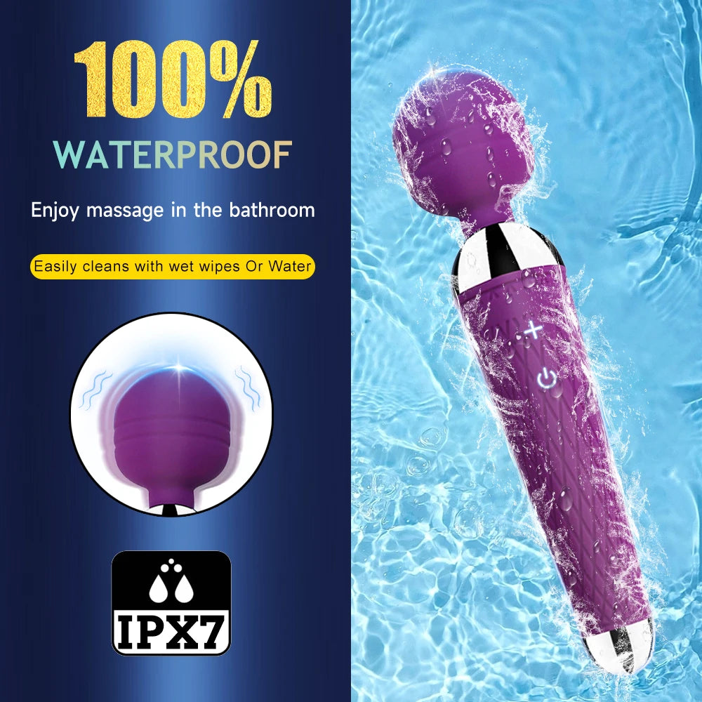 Purple waterproof rechargeable magic wand vibrator with round head and textured handle