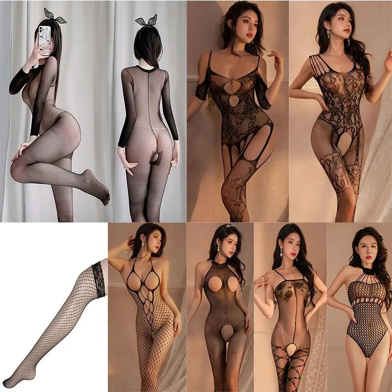 Black mesh bodysuit with long sleeves, deep V front bow, and ring cut-outs