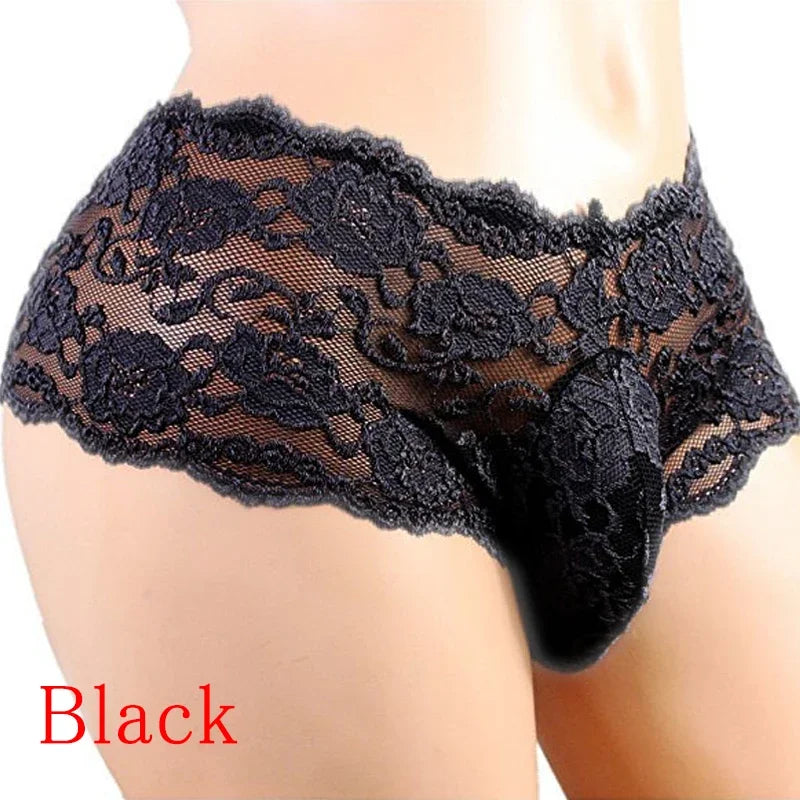 Black lace sissy jockstrap brief, scalloped lace waistband and floral motif