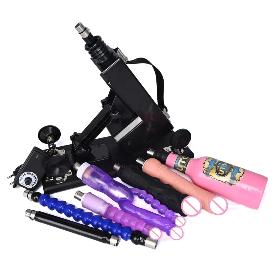 Automatic thrusting sex machine with blue, purple, and pink rod attachments and controller