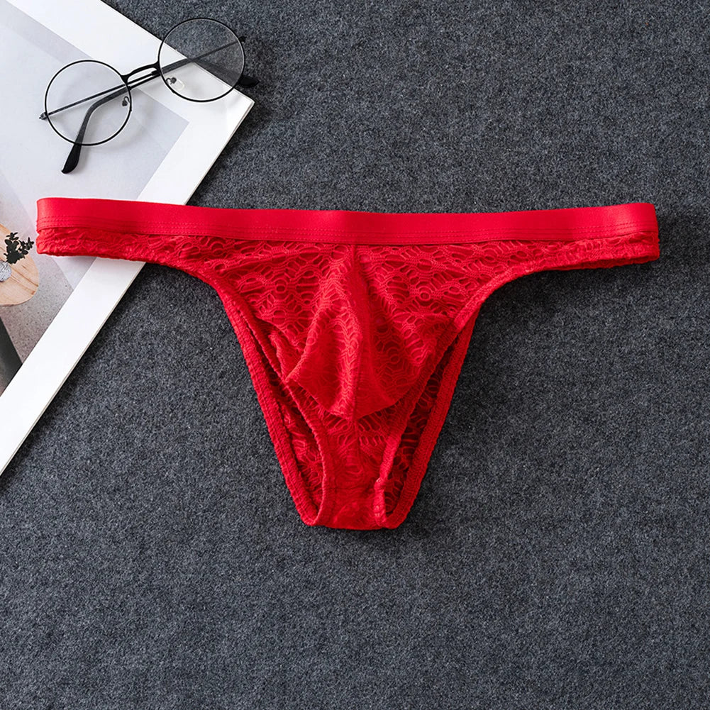 Sheer jacquard thong brief in red, lace waistband with scalloped trim along leg opening