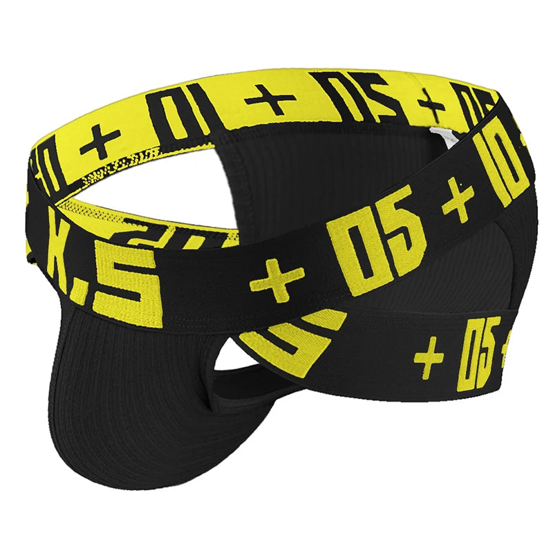 Black ribbed brief with yellow + logo waistband and leg band