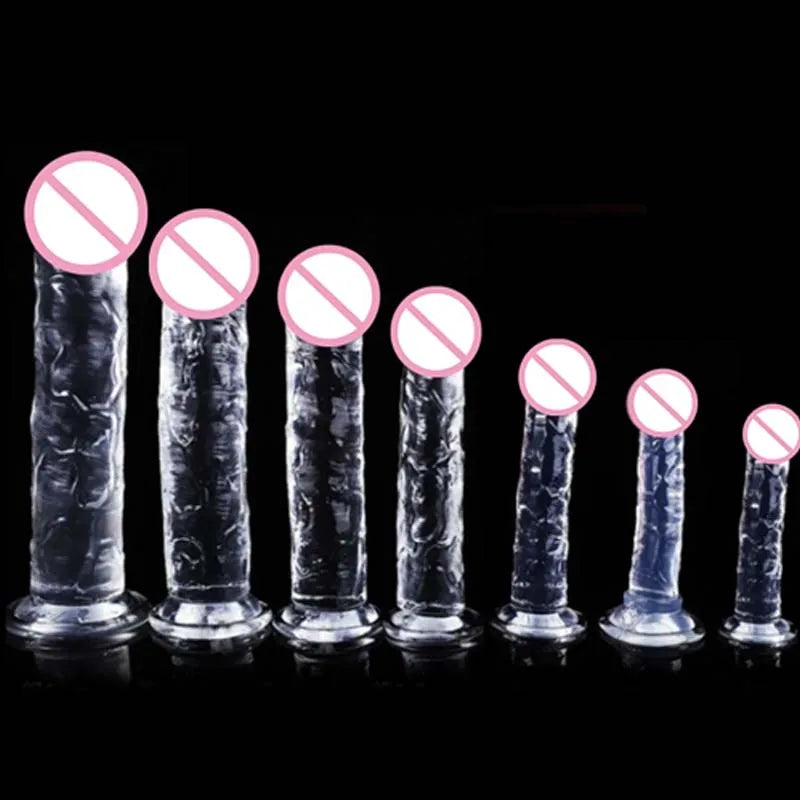 Realistic jelly dildo with suction cups, multiple lengths lined up