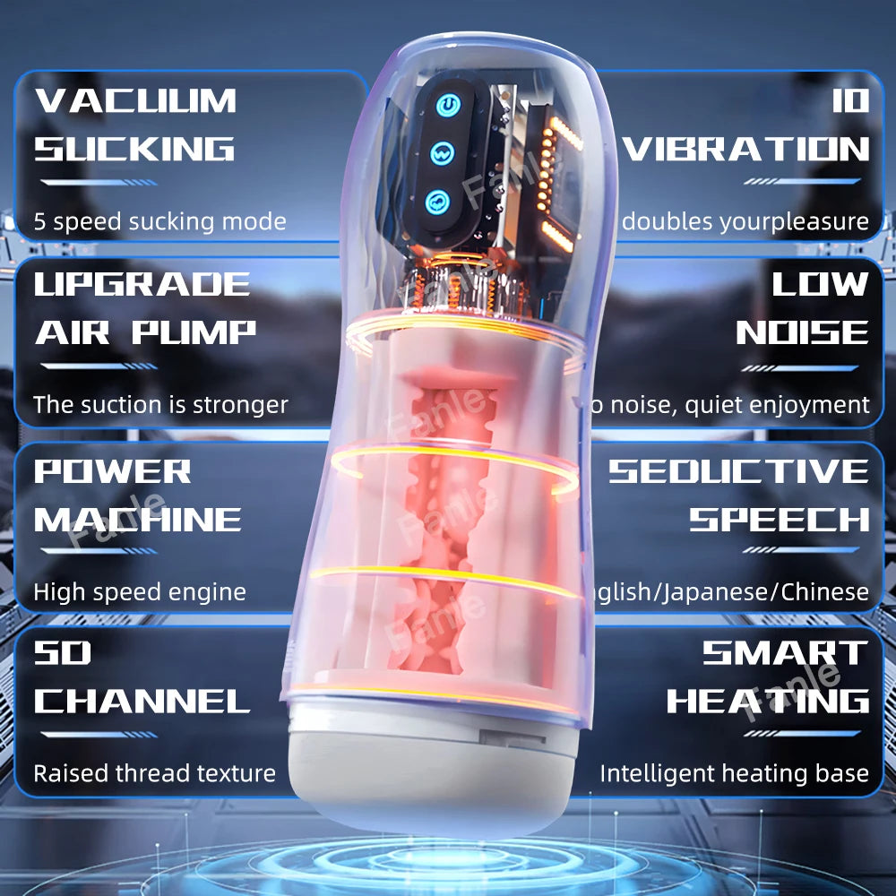 White male masturbator cup front view with control panel and clear suction chamber