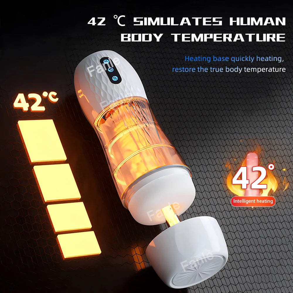 White male masturbator cup showing heated chamber with 42°C indicator lights