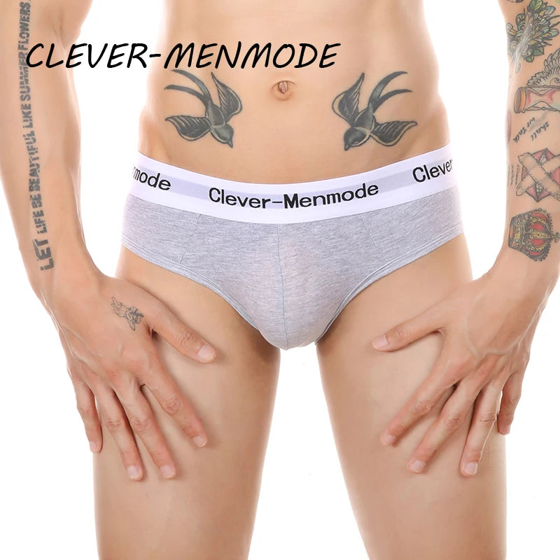 Gray open-back cotton brief with white logo waistband, standing front view