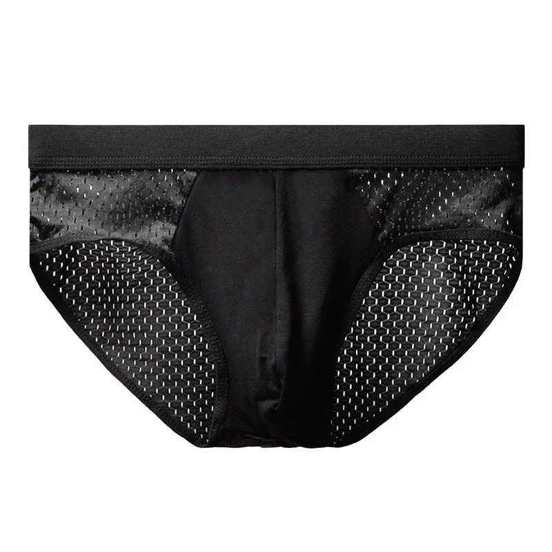 Ice silk mesh square-cut briefs, black dark pair with perforated mesh side panels