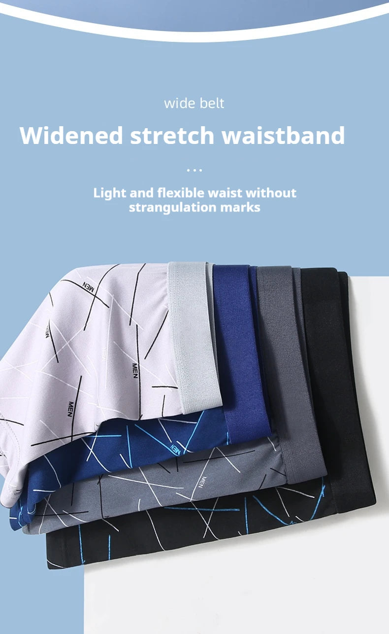 Men’s stretch trunks with widened elastic waistband, stacked in blue and dark tones
