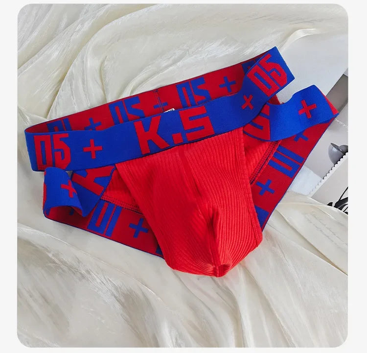 Red ribbed brief with blue + logo waistband and leg band