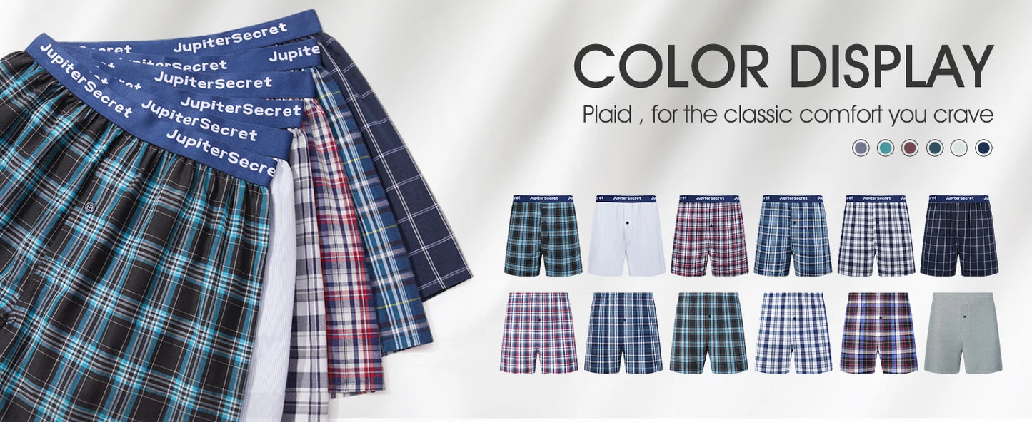 Plaid woven boxer shorts set shown in multiple colors and patterns