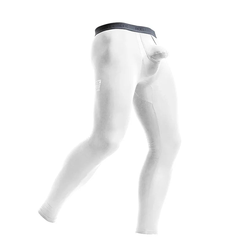 White thermal base layer pants, fitted long bottoms with elastic cuffs