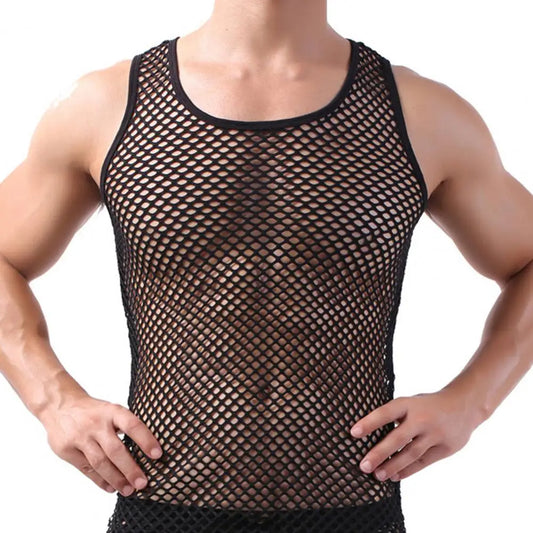 Black sheer mesh long sleeve vest with round neckline and sleeveless/long-arm fit