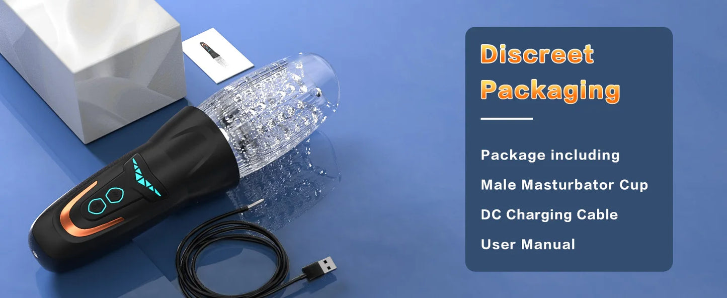 Black rotating stimulation cup with DC charging cable and manual in box