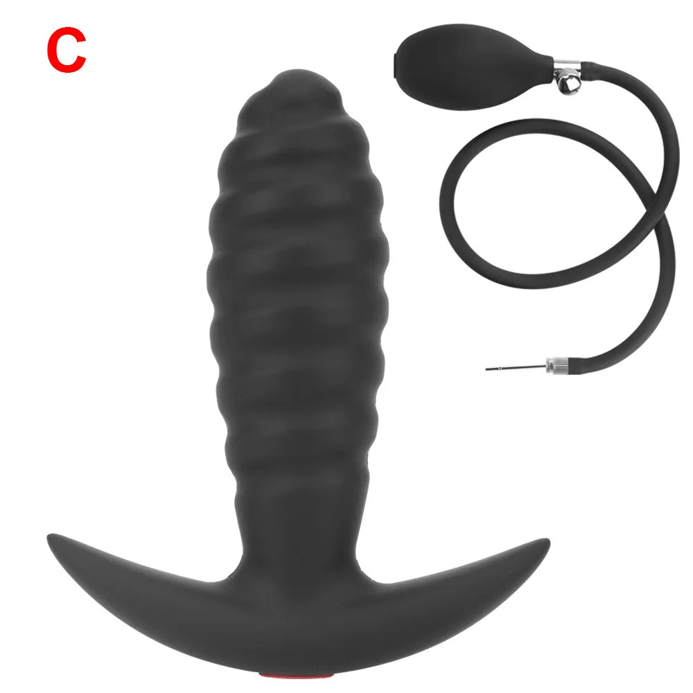Inflatable anal plug, dark black ribbed body with air hose, size C