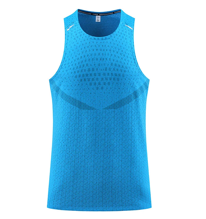 Blue breathable mesh gym vest tank with black round neck trim and sleeveless design