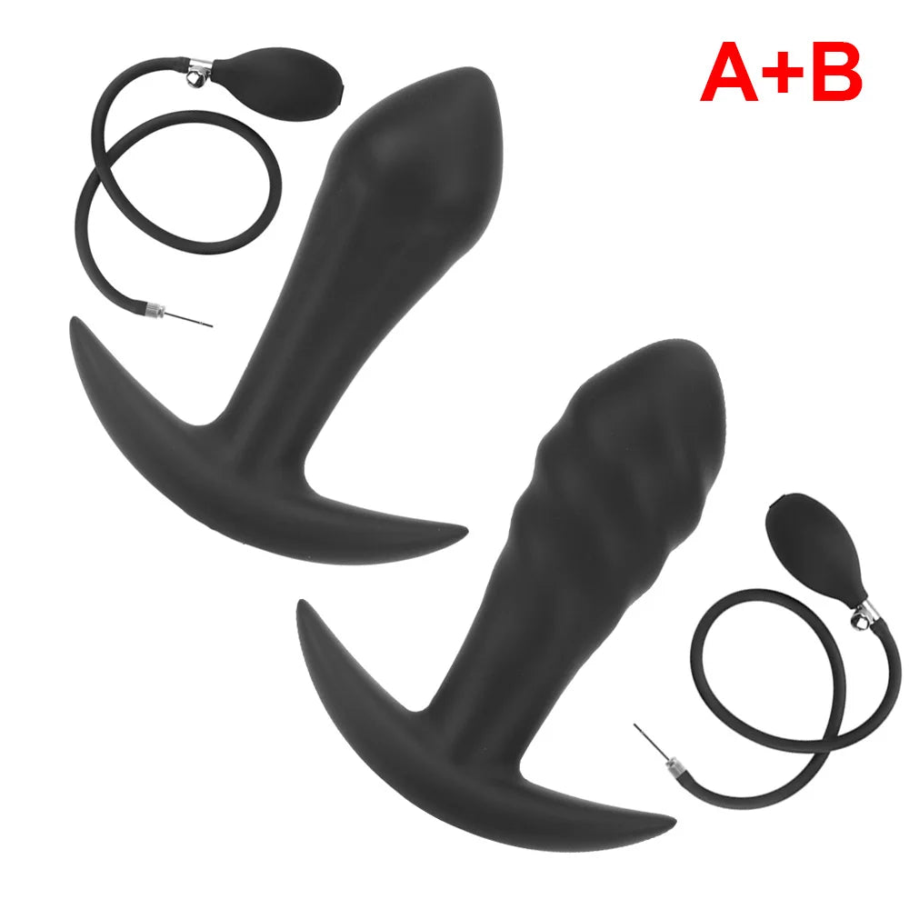 Inflatable anal plug set with two curved plugs and air hose ring, A+B