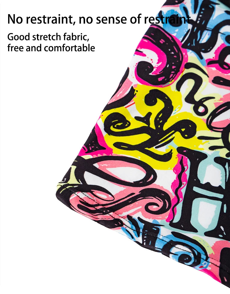Multicolor printed boxer shorts fabric close-up with curved corner and smooth knit texture
