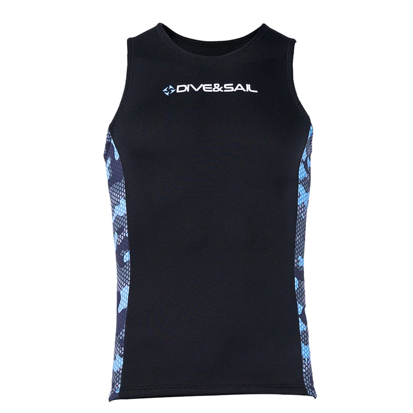 Black sleeveless wetsuit vest with blue side panels and Dive& Sail logo