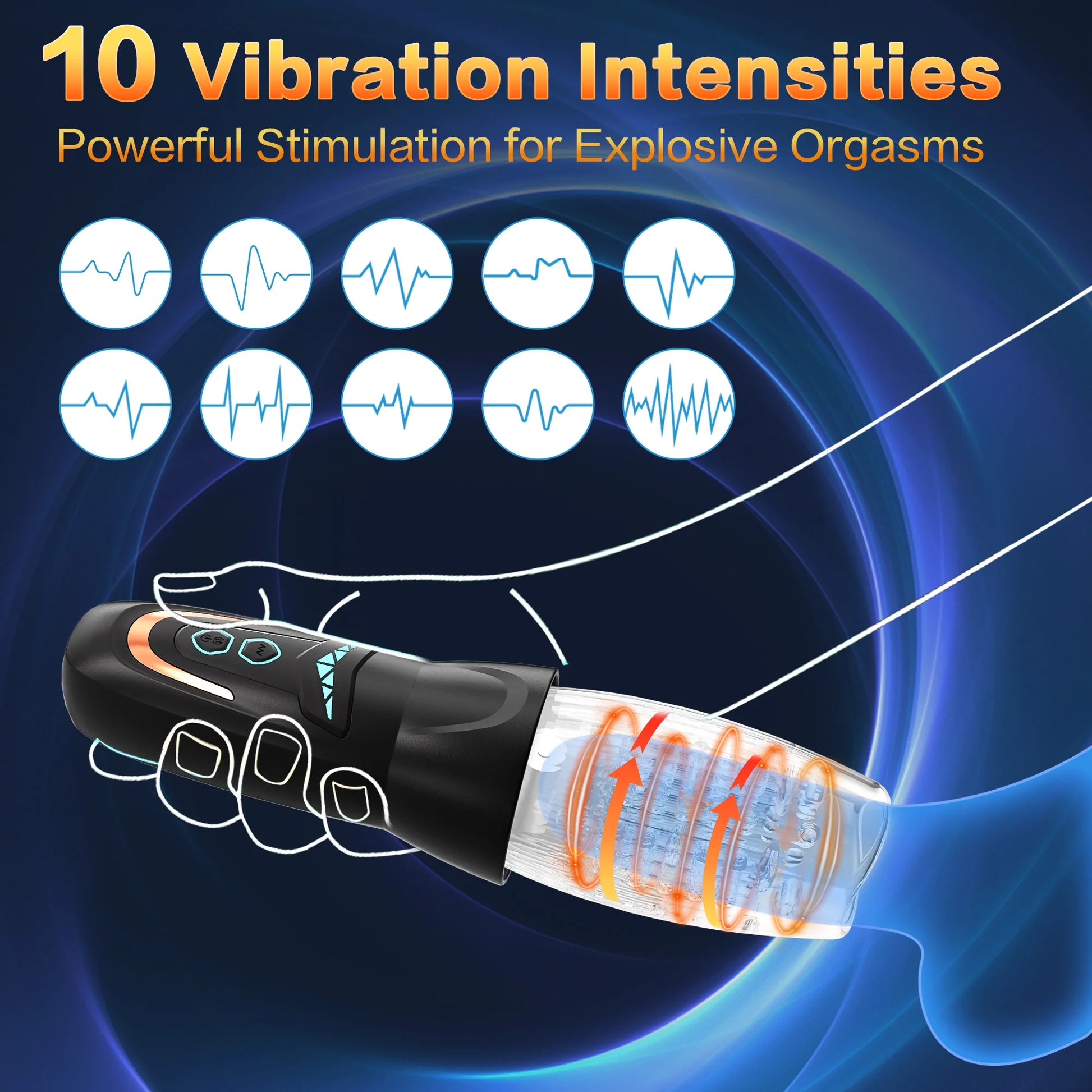 Black device with clear rotating tunnel and touch control panel, showing vibration intensity