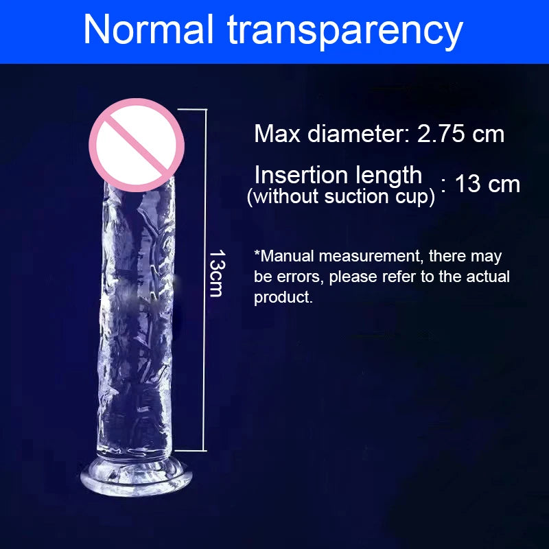 Clear jelly dildo with suction cup; 2.75cm max diameter, 13cm insertion length