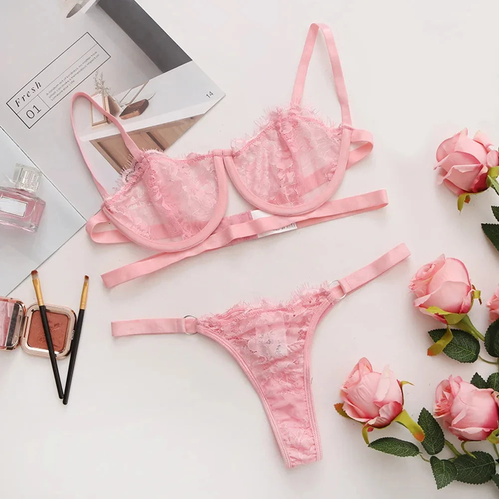 Embroidered lace push-up bra and brief set, pink lace lingerie set (flat lay)