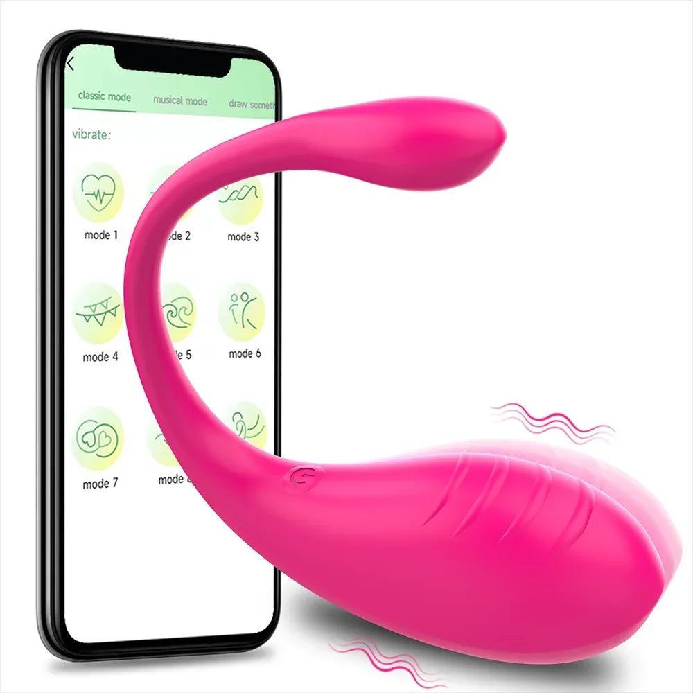 Pink G-spot Bluetooth vibrator next to smartphone app with classic mode icons