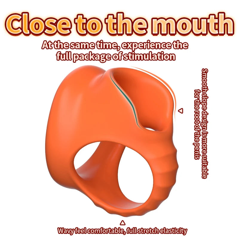Orange silicone delay cock ring, smooth four-hole design with central oval opening