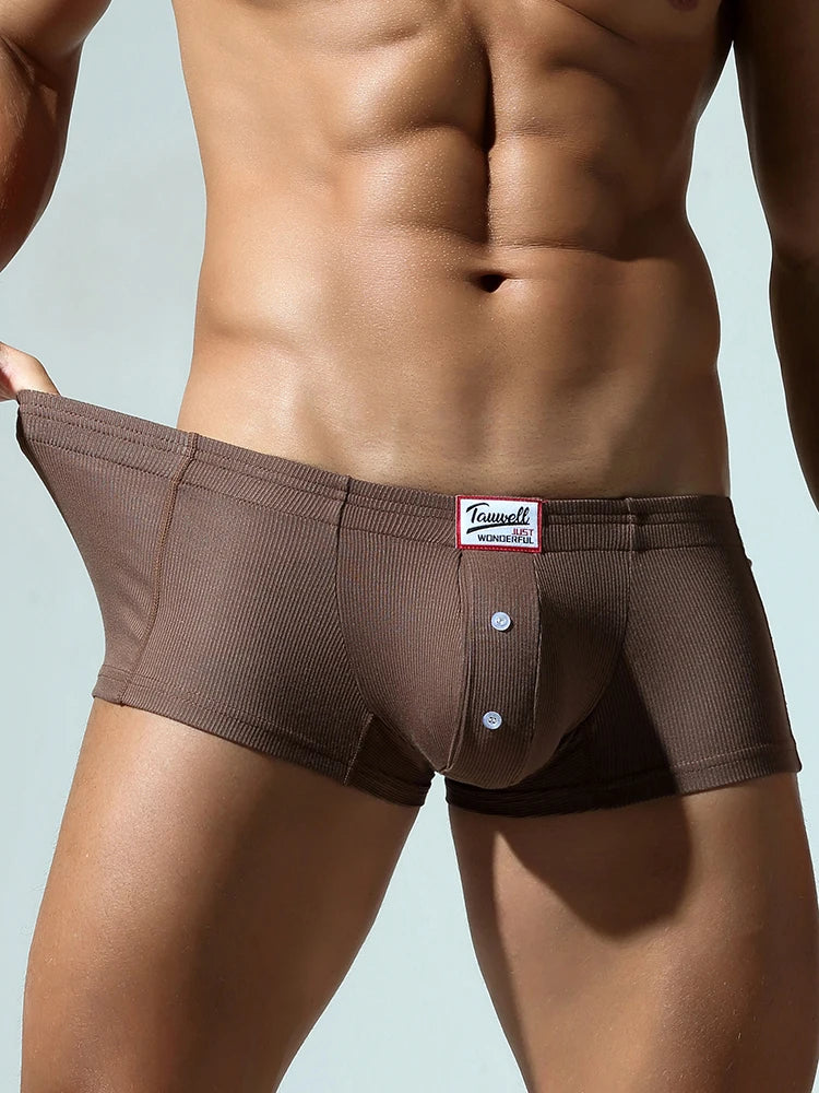 Coffee slim-fit brief with curved front seam and button placket, logo patch