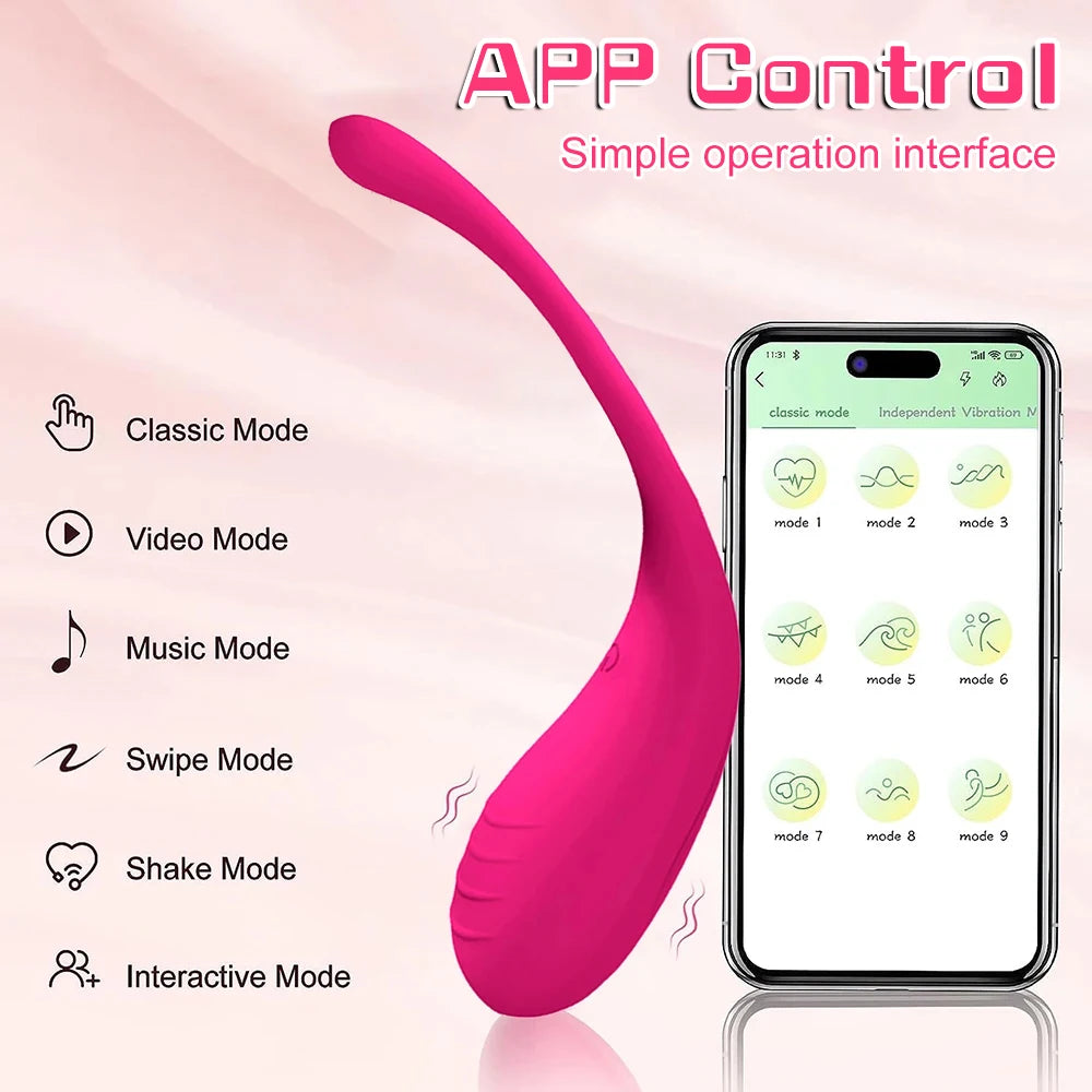 Pink G-spot Bluetooth vibrator beside smartphone app showing multiple vibration modes