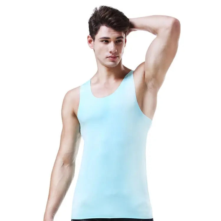 Light blue men's seamless fitness vest, sleeveless crew neck