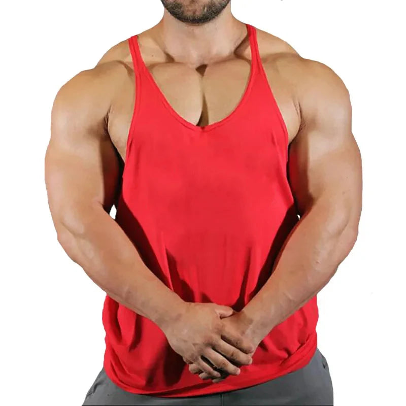 Men's gym stringer singlet vest, red racerback tank with deep U neckline
