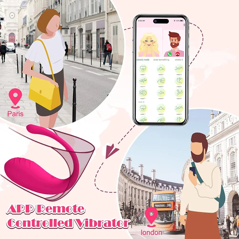 Pink curved G-spot vibrator with smartphone remote control app on screen